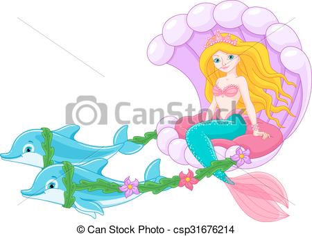 450x340 Dolphins Ride Mermaid In Seashell Vector Clip Art