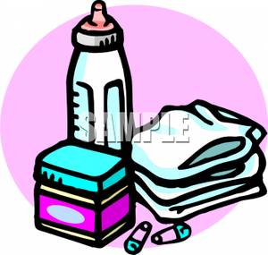 300x285 Clip Art Image A Stack Of Diapers With A Bottle Of Milk