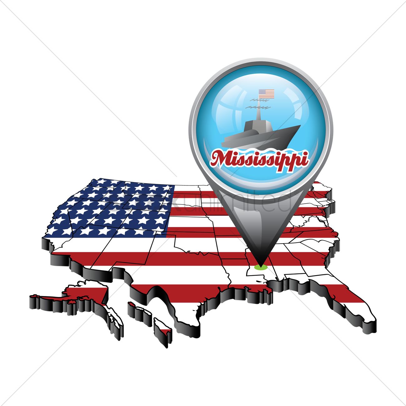 1300x1300 Us Map With Pin Showing Mississippi State Vector Image