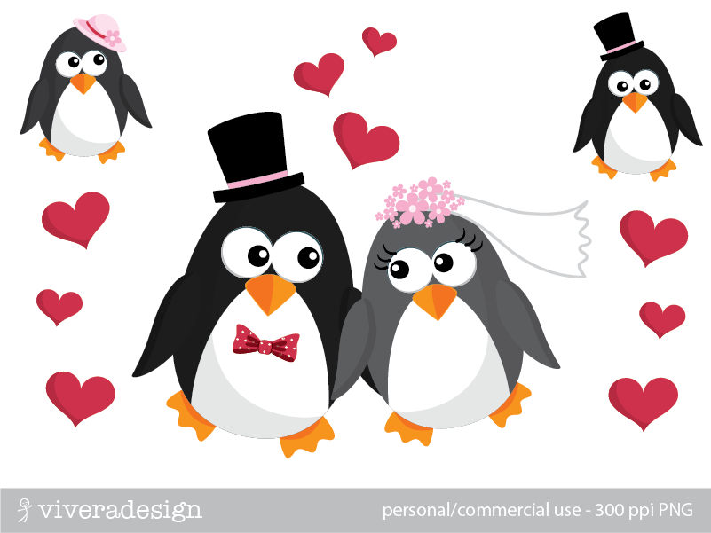 801x601 Penguin Bride And Bridegroom Digital Clip Art