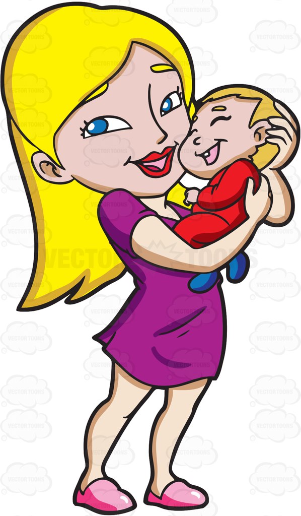 598x1024 A Young Mom Smiles While Carrying Her Happy Child Cartoon Clipart
