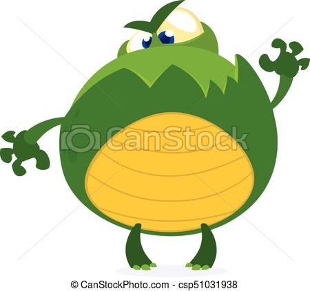 450x423 Green Monster Frog Waving Kids Cartoon. Childish Scary Green