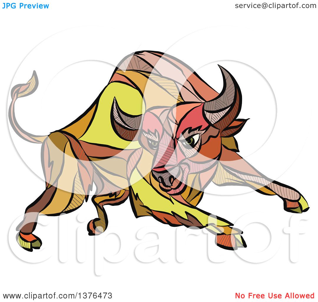 1080x1024 Clipart Of A Colorful Sketched Mosaic Angry Charging Bull