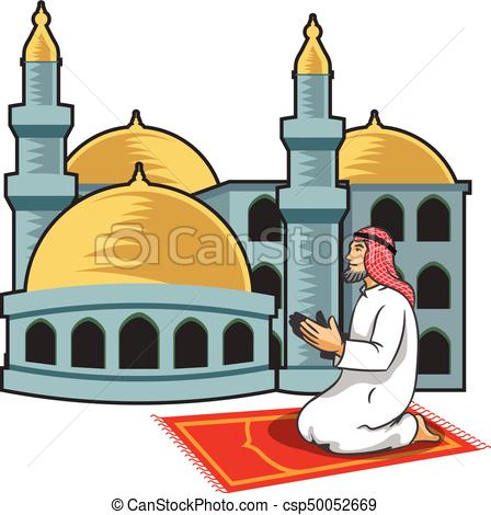 448x470 Vector Illustration Of Arabic Men Praying In Front Of Mosque Clip