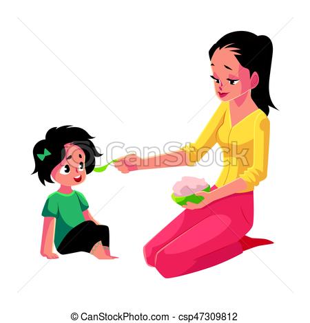 450x470 Mother Spoon Feeding Her Little Daughter Sitting On The Vector