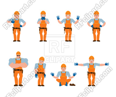 400x333 Builder Set Poses And Motion. Worker In Protective Helmet. Royalty