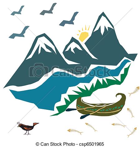 450x470 Vector Image Of A Landscape With Mountains, River And Boat Clipart