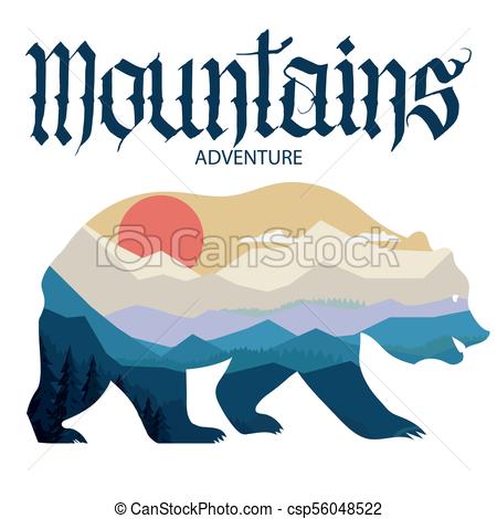 450x470 Bear And Nature Double Exposure, Mountain Landscape . Vector