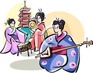 300x236 Geishas Playing Musical Instruments Clip Art Image