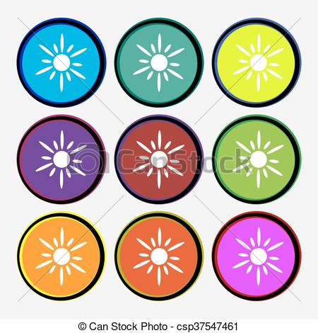 450x470 Sun Icon Sign. Nine Multi Colored Round Buttons. Vector Clip