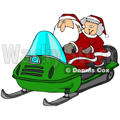 400x400 Clipart Illustration Of Santa Claus And Mrs Claus Riding A Green
