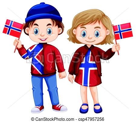 450x402 Happy Boy And Girl Holding Flag Of Norway Illustration Clipart