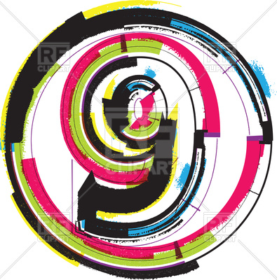 395x400 Colorful Grunge Font Number 9 In Circle Frame Royalty Free Vector