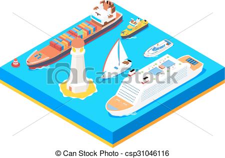 450x316 Isometric Sea Ships Vector Set. Lighthouse And Buoy, Ocean