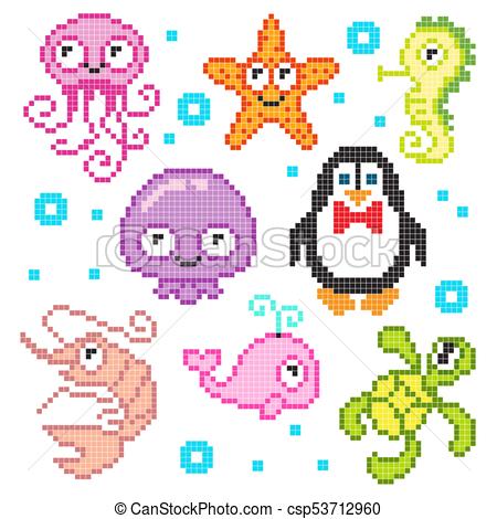 450x470 Set Pixel Sea Animals, Vector Illustration.