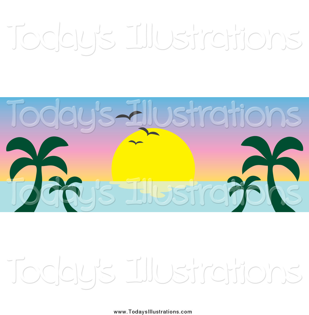 1024x1044 Clipart Of An Ocean Sunset Banner With Palm Trees And Seagulls By