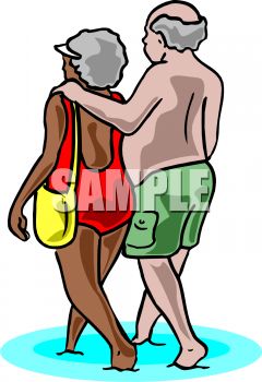 240x350 Elderly, Interracial Couple Walking In The Surf