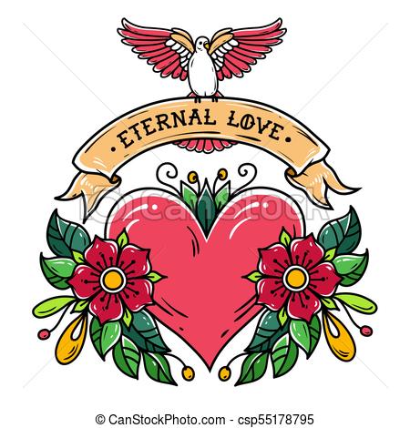 450x470 Red Heart With Flowers, Ribbon And White Dove. Eternal Love