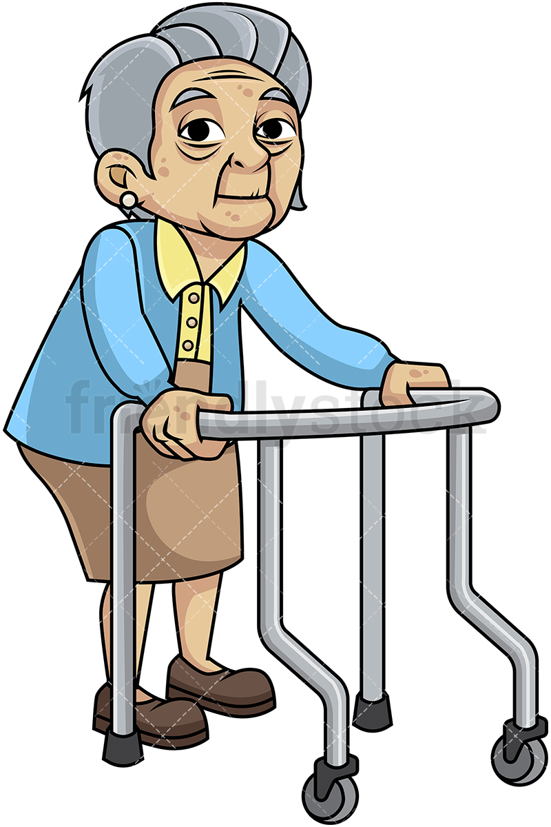 800x1200 Feeble Old Woman With Walker Cartoon Vector Clipart