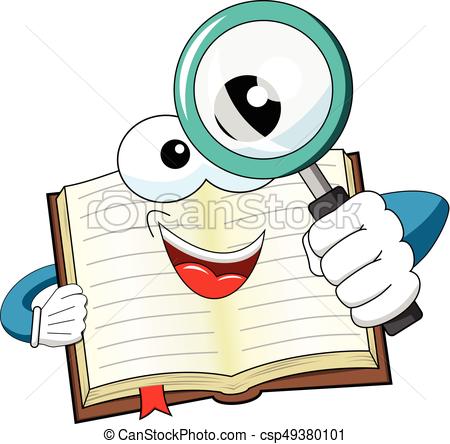 450x444 Mascot Open Book Looking Magnifying Glass Isolated. Mascot