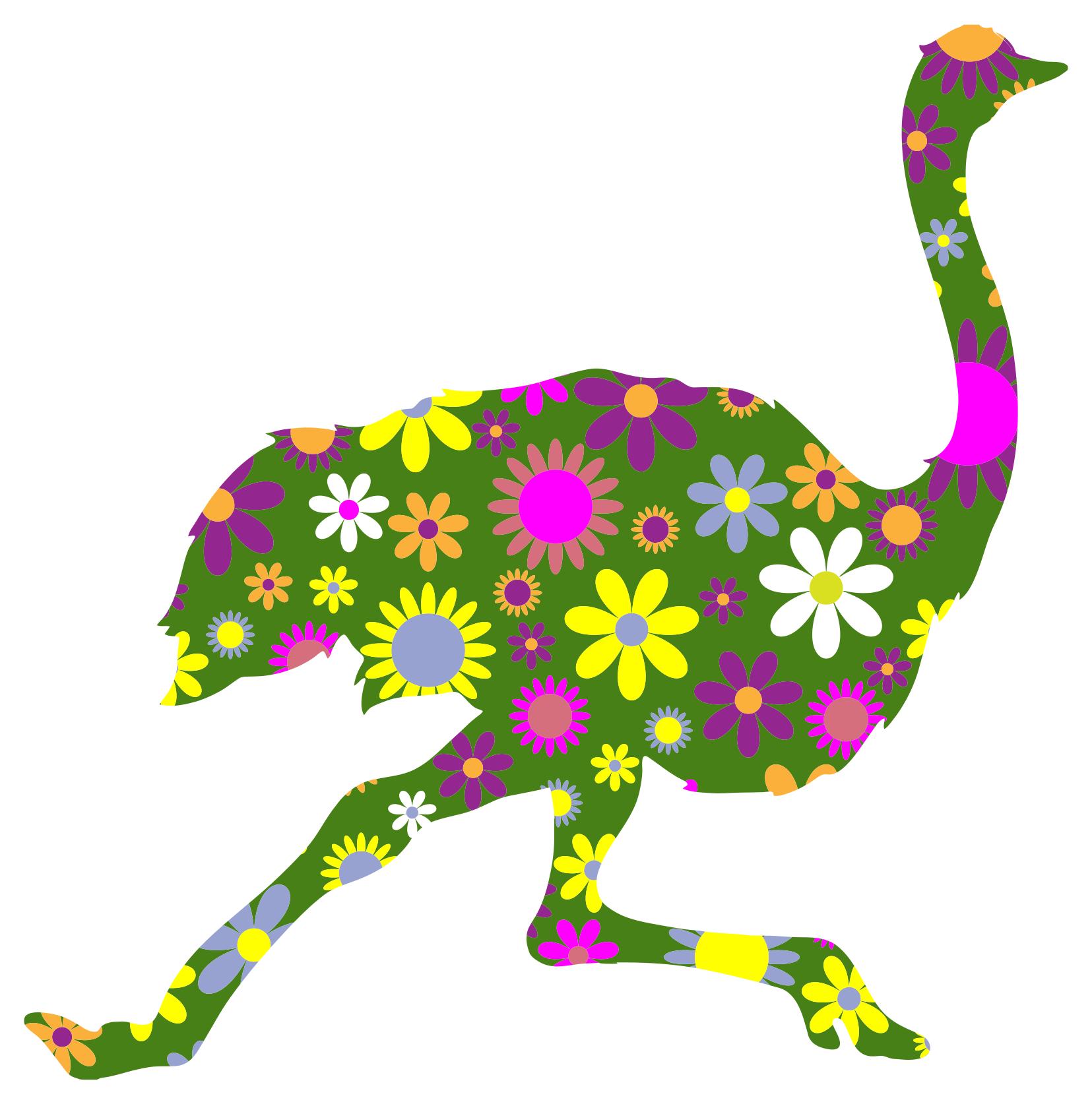 1655x1674 Retro Floral Running Ostrich Clipart