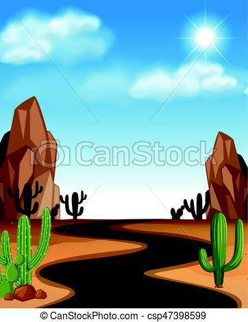362x470 Desert Scene With Road And Cactus Illustration Eps Vectors