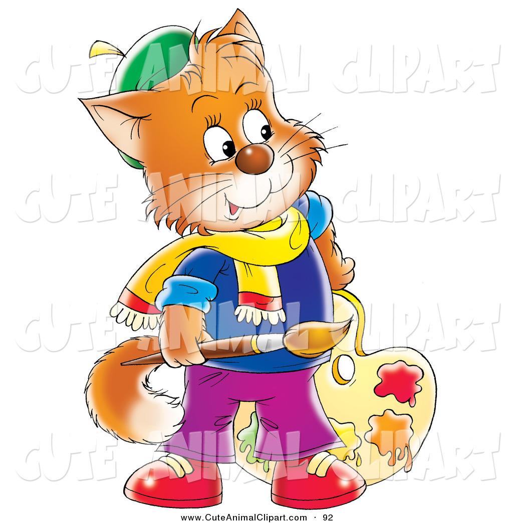 1024x1044 Clip Art Of A Cheerful Orange Cat Artist Holding A Paintbrush