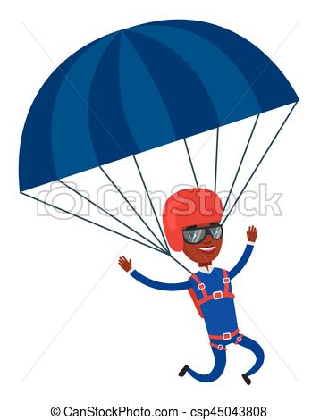358x470 Young Happy Man Flying With Parachute. African American Man