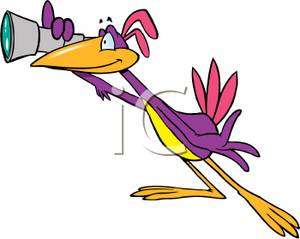 300x239 A Purple Bird Looking Through A Hand Telescope Clip Art Image