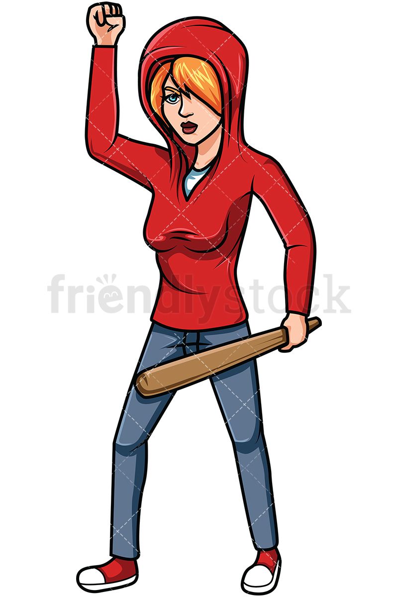 800x1200 Female Anarchist Holding Club Cartoon Vector Clipart