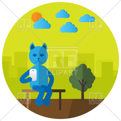 400x400 Cute Cartoon Cat With Smartphone In City Park Sitting On Bench
