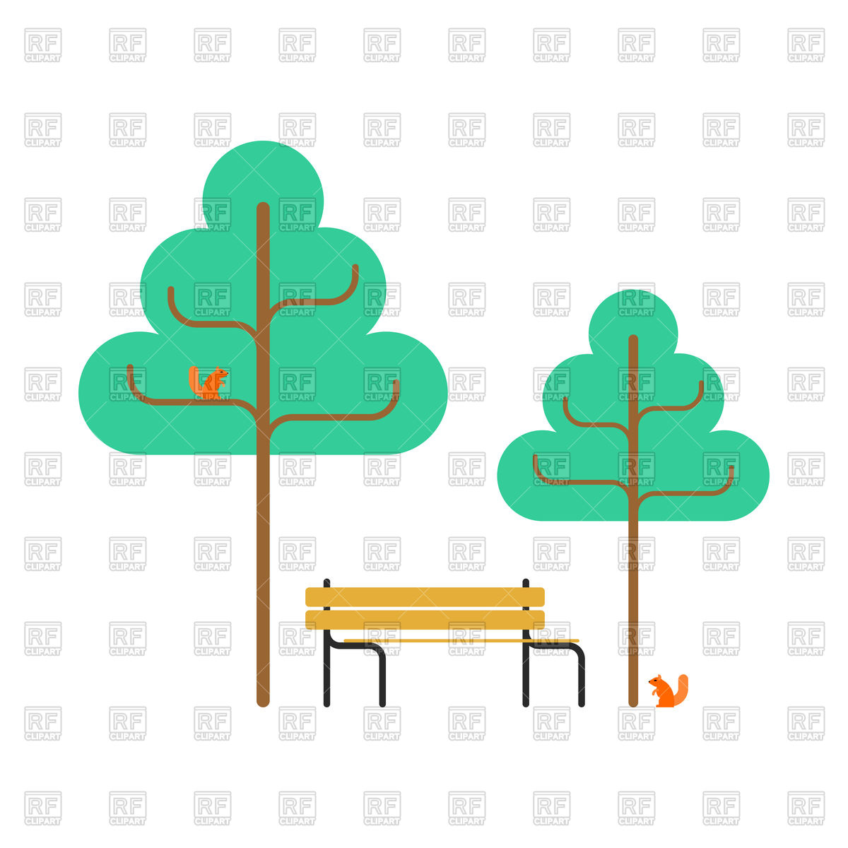 1200x1200 Park Trees, Bench And Squirrel Royalty Free Vector Clip Art Image