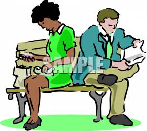 300x267 A Colorful Cartoon Of A Couple Ignoring Each Other On A Park Bench