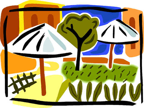 480x359 Park Scene With Umbrellas Royalty Free Vector Clip Art