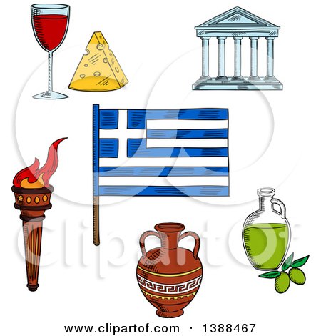450x470 Clipart Of A Sketched Greek Flag, Flaming Torch, Ceramic Amphora
