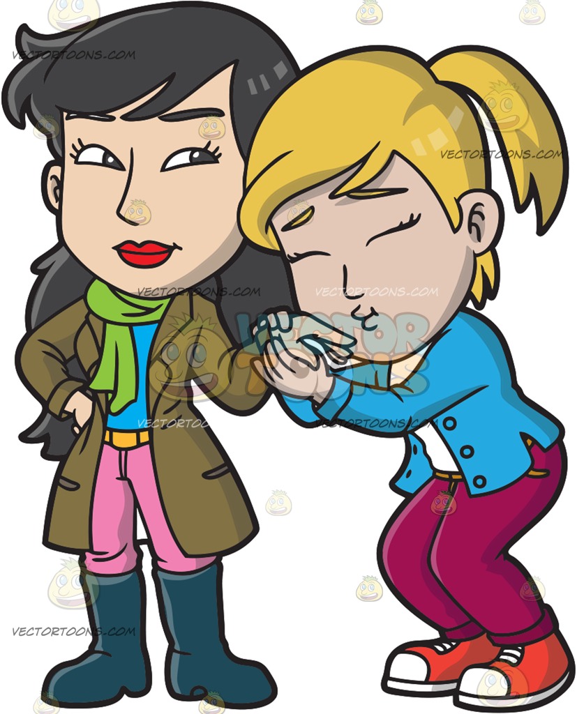 827x1024 A Woman Kissing The Hand Of Her Girlfriend Cartoon Clipart
