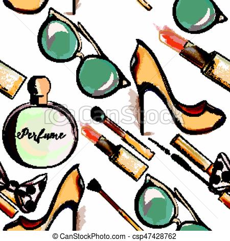 450x470 Trendy Fashion Vector Wallpaper Pattern With Cosmetics, Clip