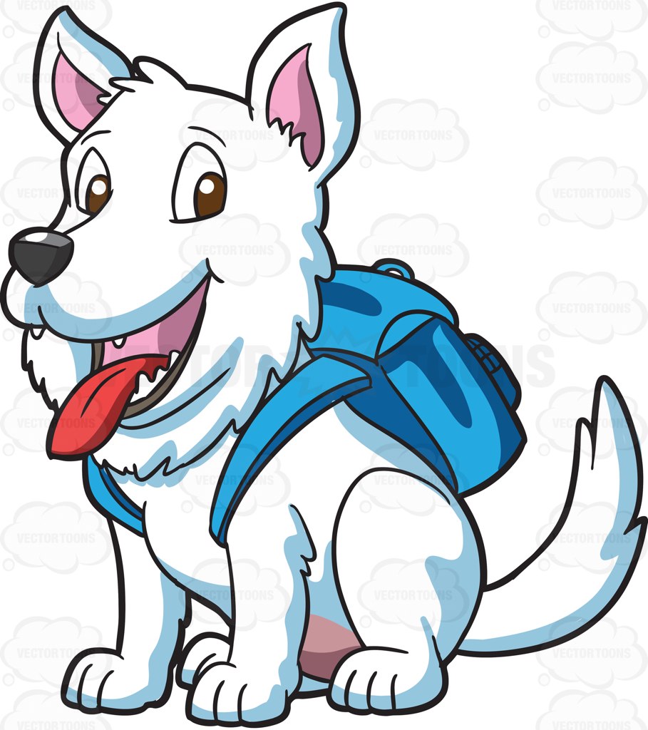 909x1024 A Small White Dog With A Backpack Cartoon Clipart Vector Toons