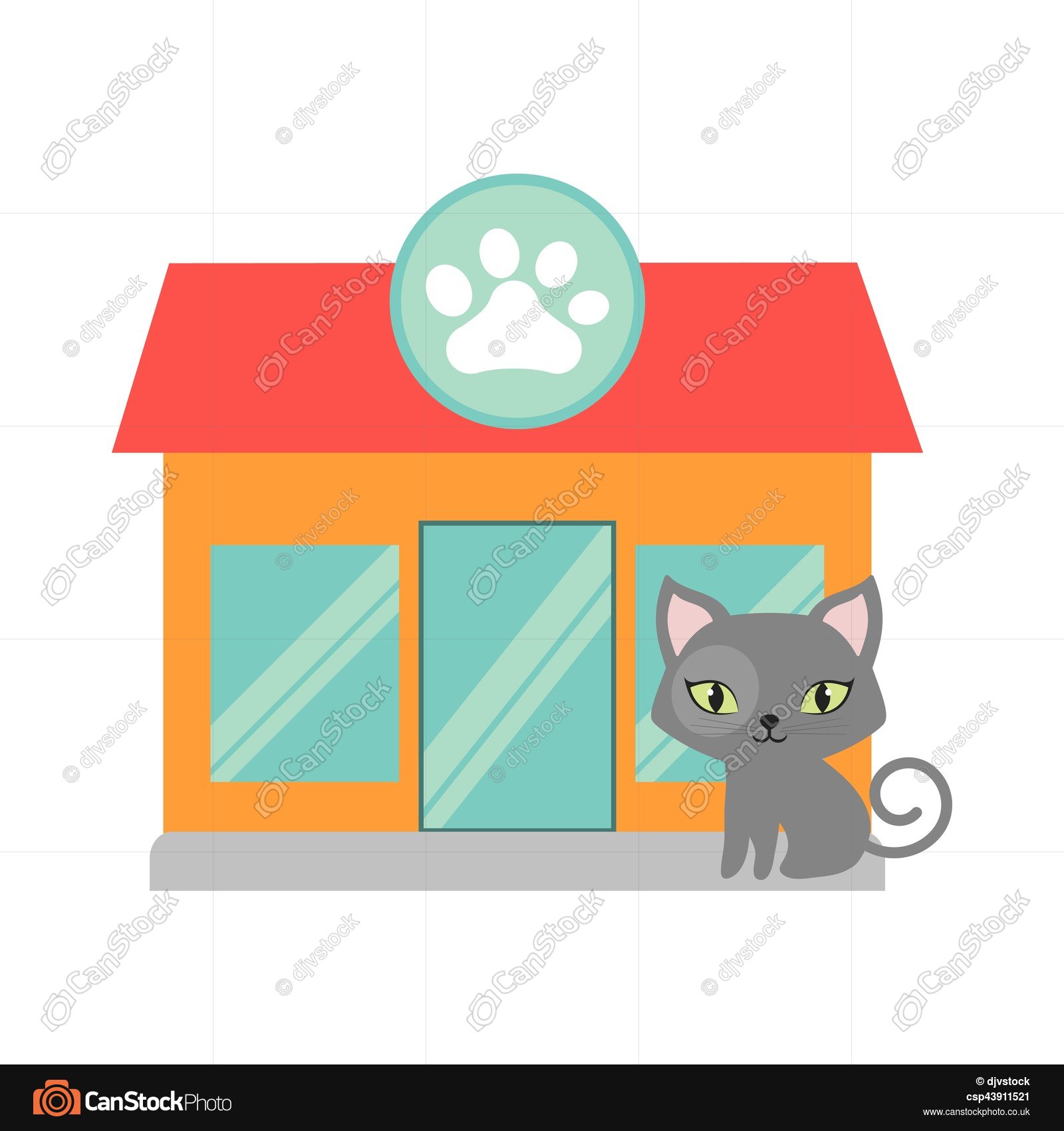 1600x1700 Gray Small Cat Green Eyes Pet Shop Facade Paw Print Vector