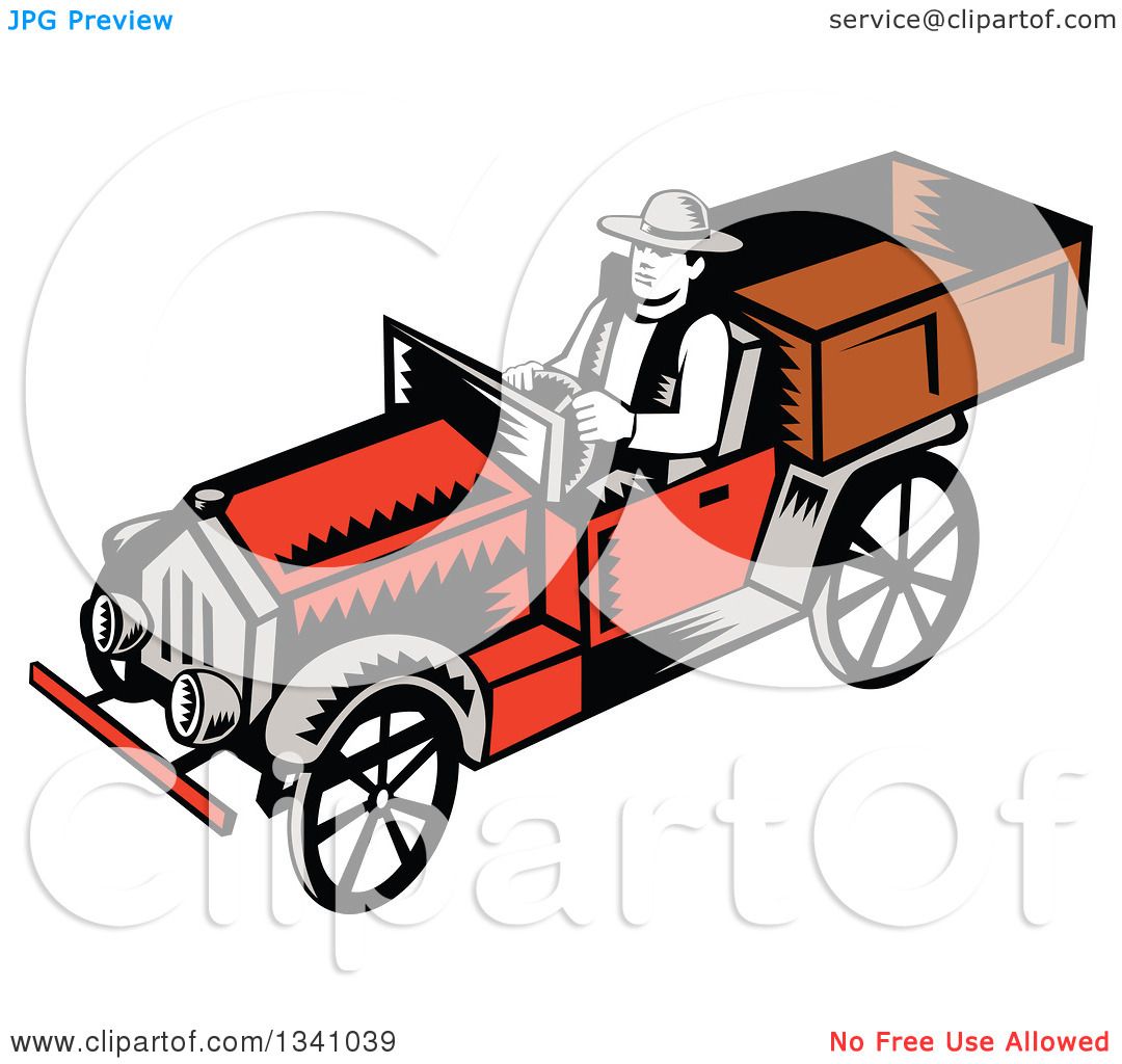 1080x1024 Clipart Of A Retro Woodcut Man Driving A Vintage Pickup Truck