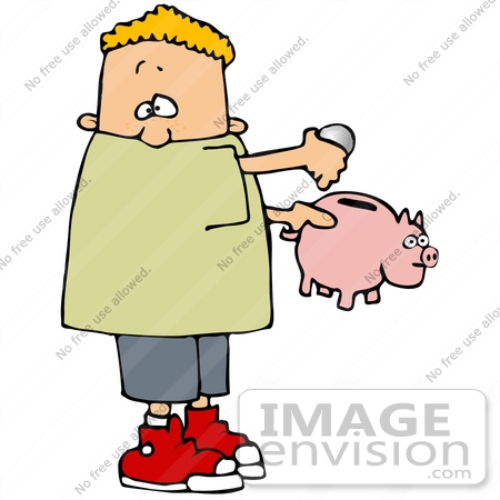 450x450 Clip Art Graphic Of A Blond Boy Putting Change Into His Piggy Bank