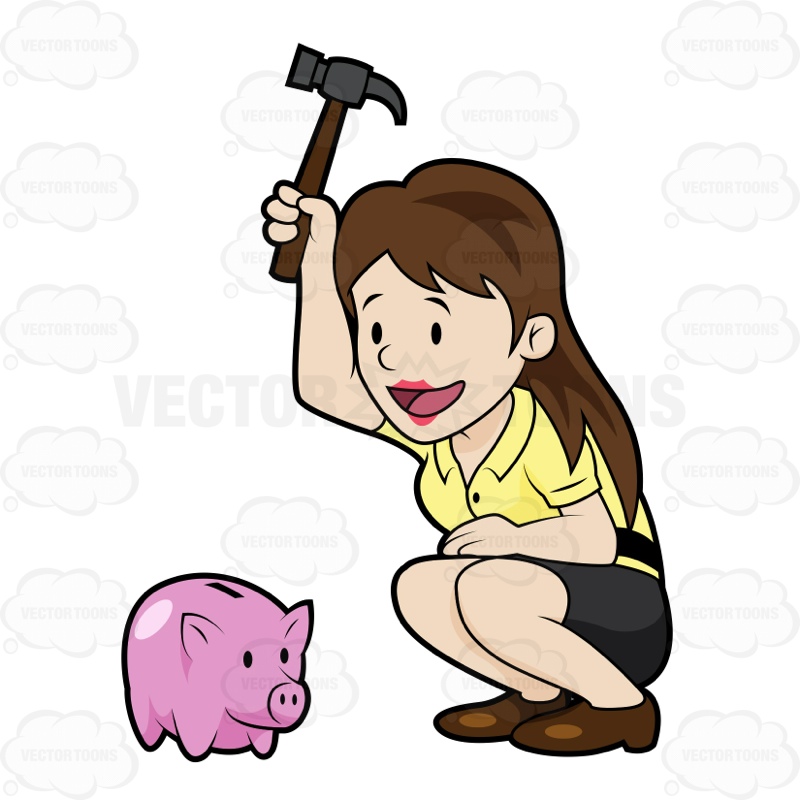 800x800 Joyful Young Woman Breaking A Piggy Bank Cartoon Clipart Vector