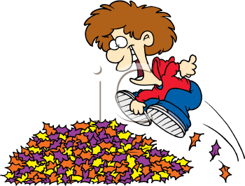 350x267 A Boy Jumping Into A Pile Of Leaves Cartoon Image. Cartoon