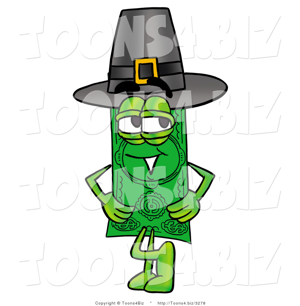 1024x1044 Illustration Of A Cartoon Dollar Bill Mascot Wearing A Pilgrim Hat