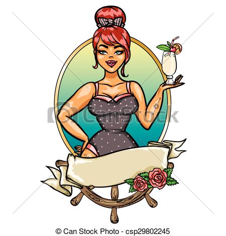 450x470 Beach Party Label With Space For Text. Pretty Pin Up Girl Eps