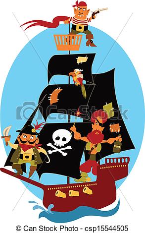 293x470 Pirate Ship. Cartoon Pirate Ship With Cute Pirates And A Parrot