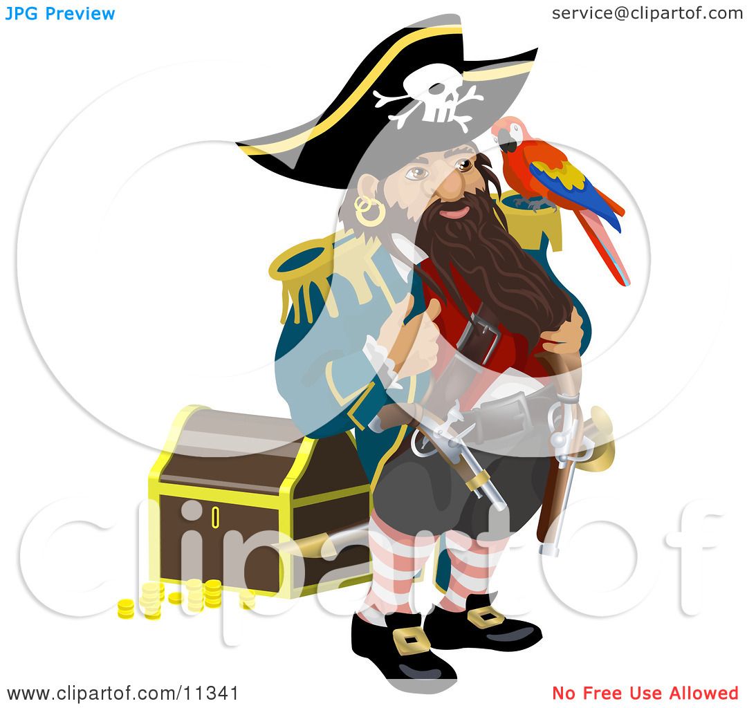 1080x1024 Pirate Standing By A Treasure Chest And Talking To The Bird On His