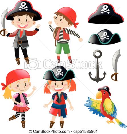 446x470 Kids In Pirate Costume And Parrot Pet Illustration Vector Clipart