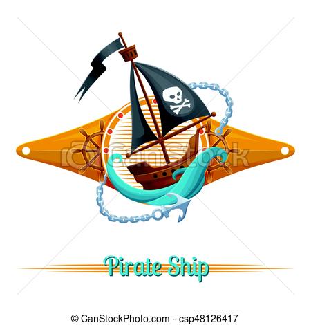450x470 Pirate Ship Label. Sea Emblem With Pirate Ship On White Vector