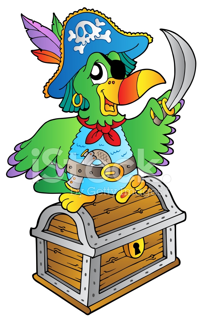 649x1024 Pirate Parrot On Treasure Chest Stock Vector